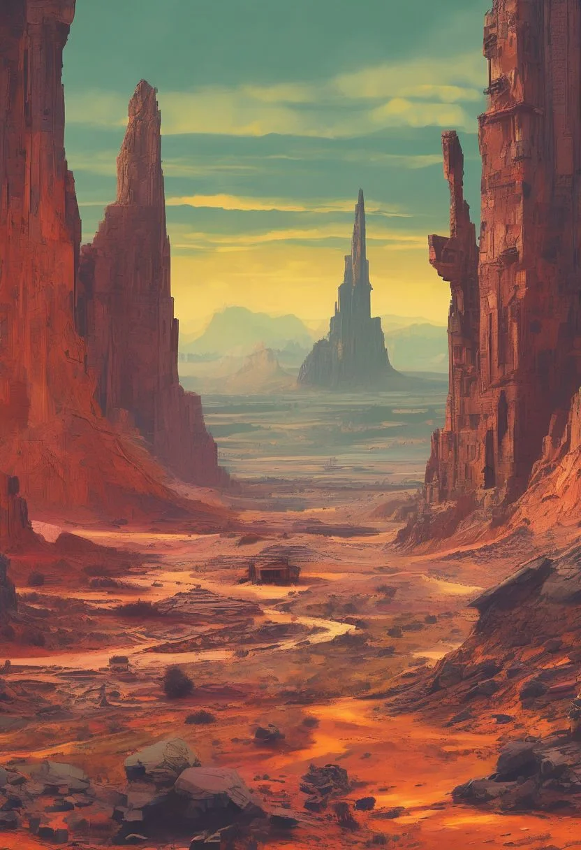 An epic wasteland, vibrant colors stretching across the horizon, with remnants of a technologically advanced civilization peeking through the rugged terrain, digital art style."