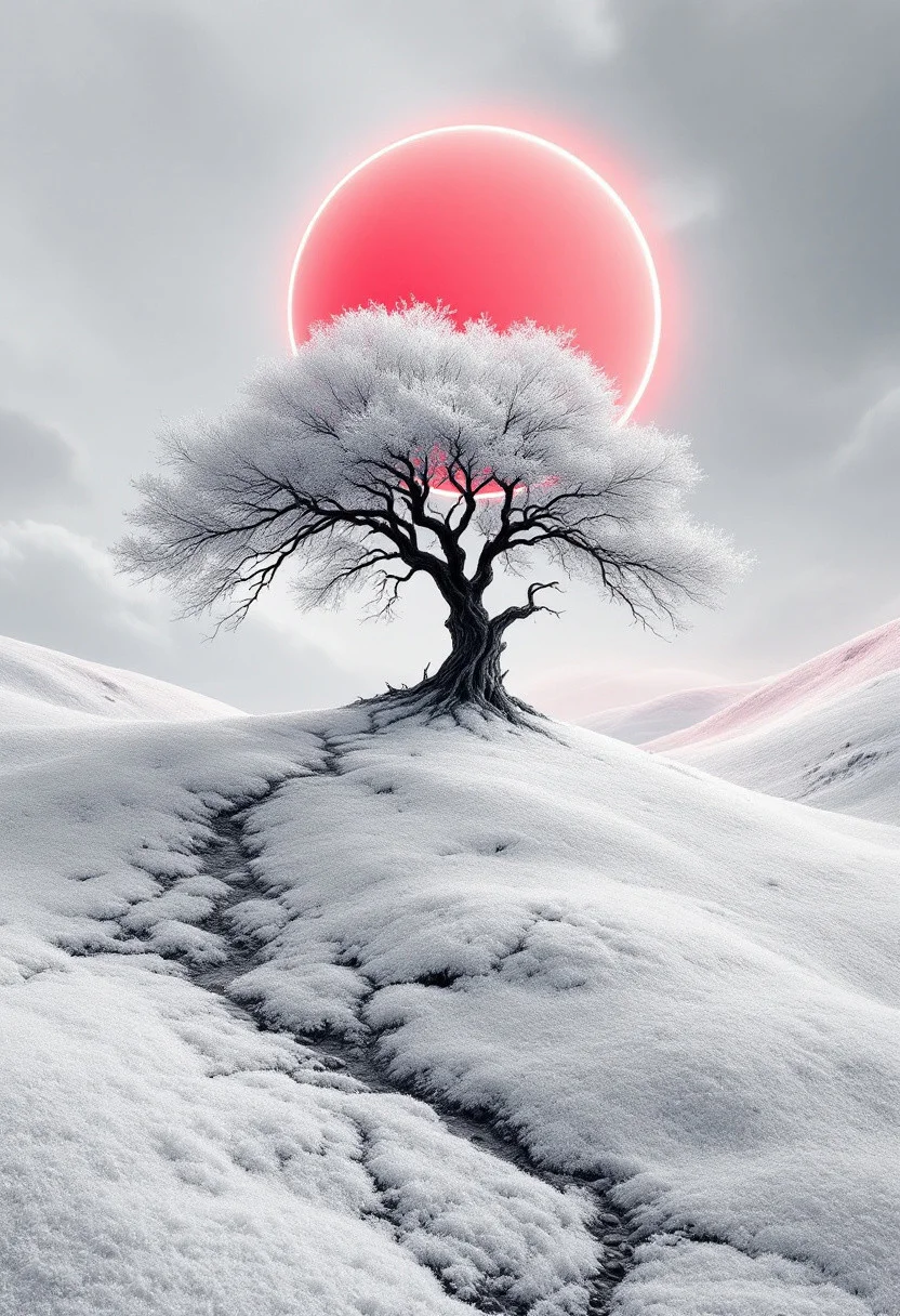 Abstract, white fleecy hill, sprawling black and white tree, red neon disk shining on a white and gray sky, abstract nature, digital art, digital art, ultra detail