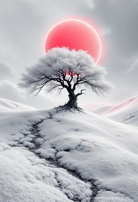 Abstract, white fleecy hill, sprawling black and white tree, red neon disk shining on a white and gray sky, abstract nature, digital art, digital art, ultra detail