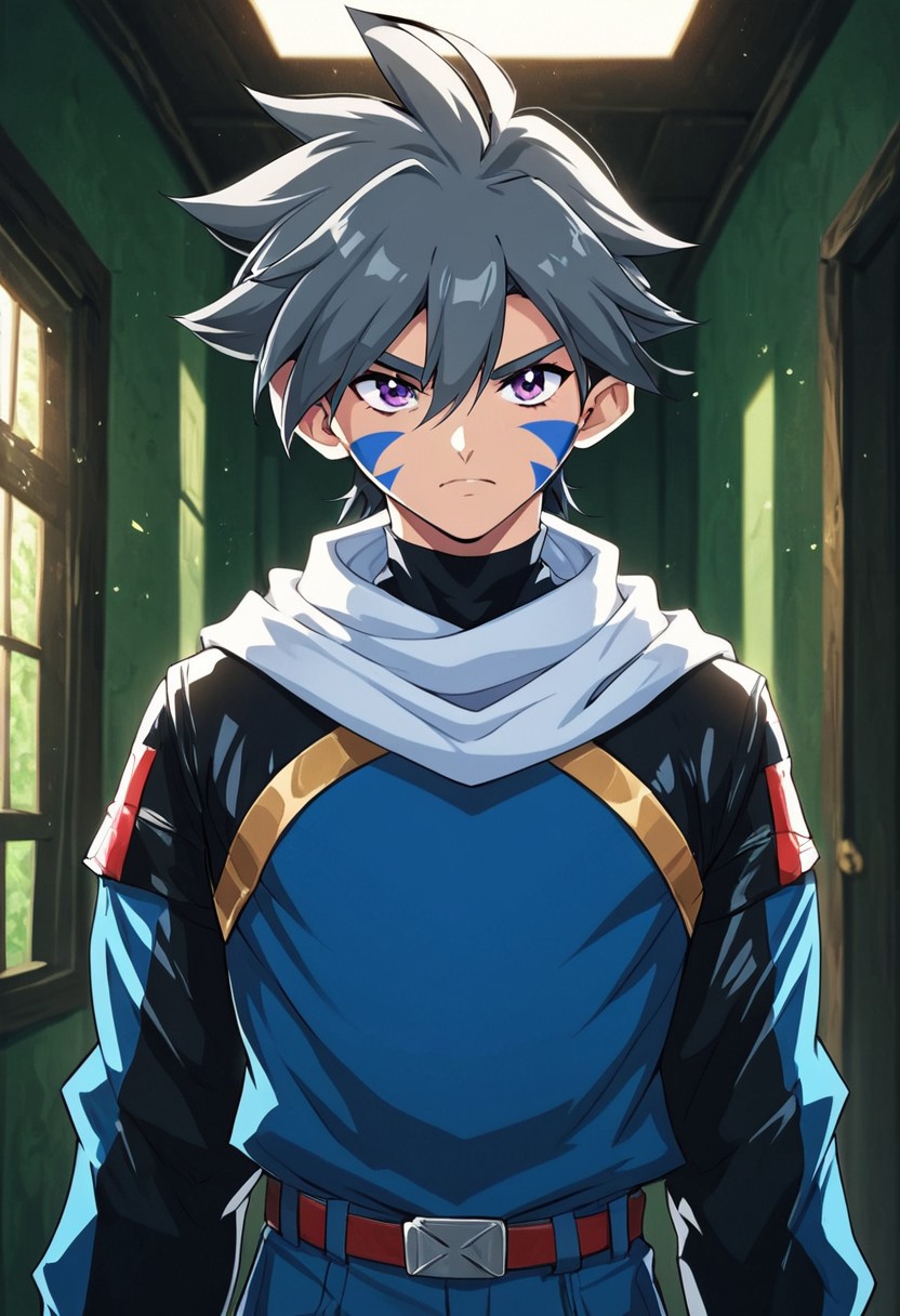 xtreme score_9, score_8_up, score_7_up, score_6_up, score_5_up, score_4_up (high detailed skin:1.2), 8k, soft lighting, high quality, Score_9, score_8_up, masterpiece, 8K, best quality, high quality  , boy animated character with spiky gray hair and purple eyes stands in a brightly colored hallway. He wears a black outfit accented with yellow and red details, and a white scarf draped around his neck. His face features blue tribal-like markings under his eyes, and he has a serious expression. The background shows a green wall and blurred signs, suggesting a school or arena setting