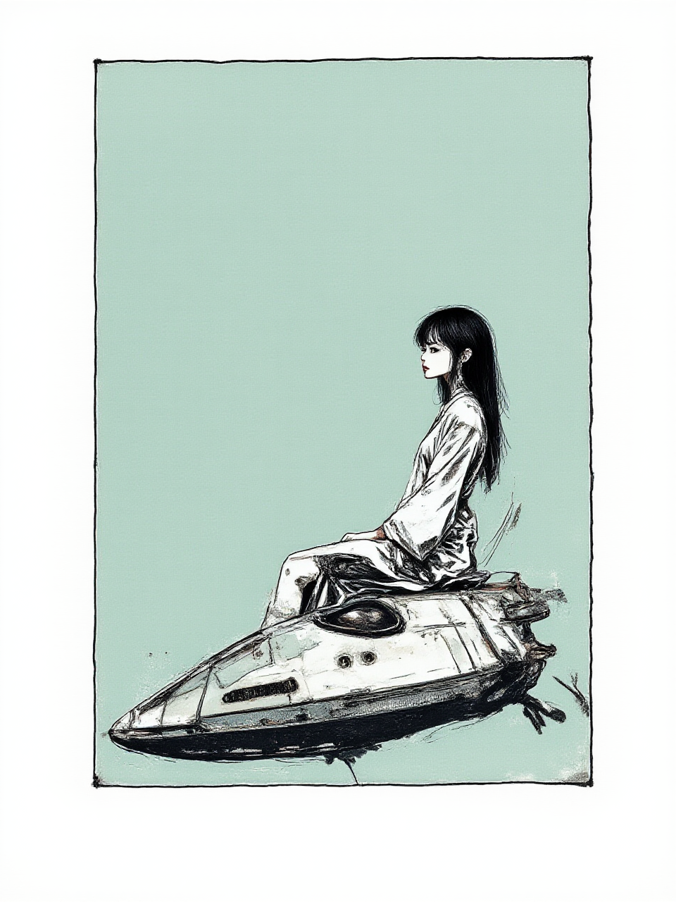 An illustrated image of a woman in traditional Japanese attire sitting on the roof of a spaceship. <lora:InkEdgeMono-Complex_Epoch-08:0.8> 1NK3D63-M0N-C0M,  
<lora:inkedgemono-simple_epoch-08:0.7> 1NK3D63SIM, 
background is bamboo shoot <lora:Midjourney_Whisper_AgateX_v1:0.6>, border is pastel blue
 <lora:Midjourney_Whisper_Minimal:0.8>
| no deformed hands, no too many limbs, no too many fingers,