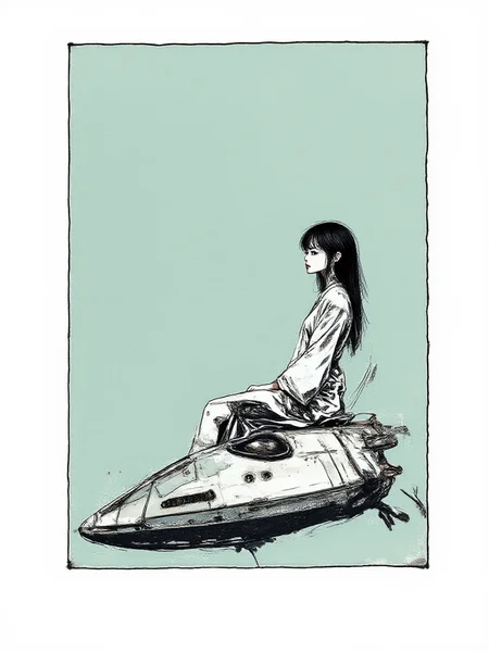 An illustrated image of a woman in traditional Japanese attire sitting on the roof of a spaceship. <lora:InkEdgeMono-Complex_Epoch-08:0.8> 1NK3D63-M0N-C0M,
<lora:inkedgemono-simple_epoch-08:0.7> 1NK3D63SIM,
background is bamboo shoot <lora:Midjourney_Whisper_AgateX_v1:0.6>, border is pastel blue
<lora:Midjourney_Whisper_Minimal:0.8>
| no deformed hands, no too many limbs, no too many fingers,