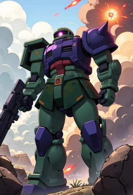 Create a dynamic and detailed illustration of a Zaku II mobile suit in the midst of combat. The Zaku II,, High Definition, Smoth Lines.edge quality, perspective silhouette, 8k, best quality, masterpiece, extremely detailed, rule of thirds, photorealistic, superb, HDR, high resolution, sharp focus, photorealistic rendering, extremely detailed description, professional, gorgeous and intricate detail,
Mecha, mech, solo focus, Zeon, zaku, retro, industrial design:0.5, robot, one-eyed, camouflage panels, science_fiction, glowing eye, green, purple armor, blue armor, spikes on shoulder, weapon, ((holding weapon, holding gun)), rounded armor plates, rounded head, 
full body, subject in frame
high angle view
chara-sheet,absurdres, absolutely resolution, incredibly absurdres, highres, ultra detailed, official art, unity 8k wallpaper,
BREAK
1 mecha, <lora:zaku:1> zaku, red body, machinery, mobile suit, glowing eyes,
BREAK
holding weapon, machine gun, fighting stance,
BREAK , zaku