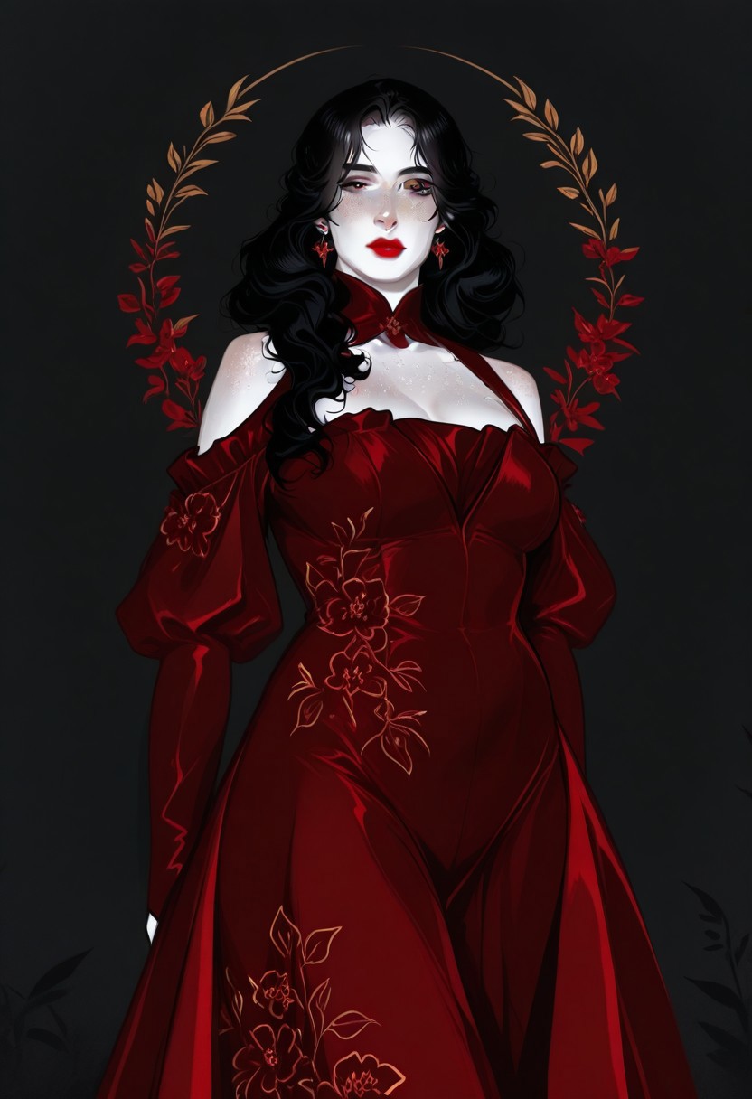 boudoir, plump, voluptuous, soft, European woman, pale skin,  freckles, black hair, volumous hair, wavy hair, red lips, watercolor, aristocrat, 1girl, solo, usnr,748cmstyle, realistic, mature, adult, dress, floral print, shoulder cutout, off-shoulder dress,
fabulous artwork,  masterpiece, best quality, amazing quality, very aesthetic, ,high contrast color,perfect composition, highly detailed,correct shadows, v4l3nt4in3