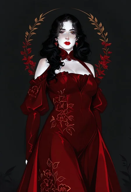boudoir, plump, voluptuous, soft, European woman, pale skin,  freckles, black hair, volumous hair, wavy hair, red lips, watercolor, aristocrat, 1girl, solo, usnr,748cmstyle, realistic, mature, adult, dress, floral print, shoulder cutout, off-shoulder dress,
fabulous artwork,  masterpiece, best quality, amazing quality, very aesthetic, ,high contrast color,perfect composition, highly detailed,correct shadows, v4l3nt4in3