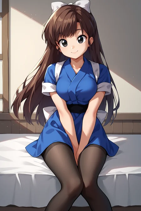 score_9, score_8_up, score_7_up, score_6_up, score_5_up, score_4_up, UkyoKuonjiRXL, 18years, big eyes, black eyes, brown hair, long hair, bangs, hair white bow, medium breasts, short sleeves, blue kimono, white tasuki, black pantyhose, solo, sitting, seductive smile, looking at viewer, indoors <lora:UkyoKuonjiRXL:1>
