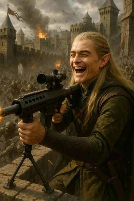 A hyper-realistic, ultra-detailed 8K photo of Legolas from Lord of the Rings, laughing joyfully in the midst of an epic battle. He has distinct pointed elf ears and long, flowing blond hair. Legolas is aiming a massive Barrett M82 sniper rifle, seamlessly blended into the fantasy environment, as he shoots at charging orcs. The scene takes place atop a towering stone castle high wall, with dramatic medieval architecture, weathered stone, and banners fluttering in the wind. The background is filled with chaos: dozens of ferocious orcs attacking, arrows flying, and explosions in the distance. The lighting is cinematic, with dynamic shadows, glowing embers, and a sense of intense action. The image is sharp, colorful, and photo-realistic, with meticulous attention to facial expressions, weapon details, and the texture of Legolas’s elven armor.