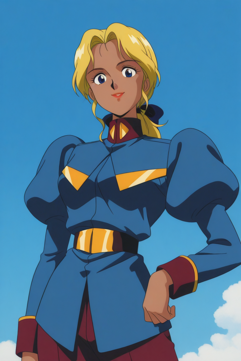masterpiece, best quality, source_anime,official art,perfect_anatomy,1990s_\(style\),retro_artstyle,1girl,Electra,blonde_hair,dark_skin,long hair,ponytail,lipstick,uniform,puffy sleeves,red pants
military uniform,(beautiful detailed face,looking_at_viewer,smile),hand_on_hip,cowboy_shot,day,blue_sky,cloud