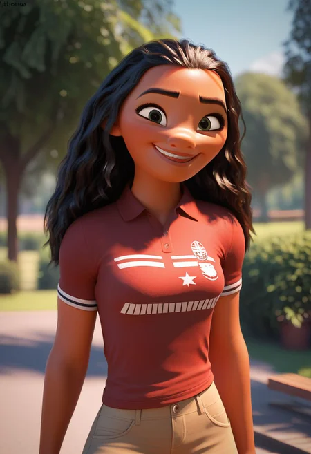 score_9, score_8_up, score_7_up, score_6_up,
masterpiece, (high quality), (high resolution), (incredibly detailed), detailed scenery,
portrait,
natural light, cinematic, volumetric lighting, depth of field, hard shadows,
outdoor, summer,
1girl, moana, solo,
tan skin, short height,
perfect face, perfect anatomy,
standing, beauty shot posing,
dark hair, long wavy hair, tattooed arms, dark eyes,
red polo shirt, beige (yoga pants),
smiling, innocent face, looking at viewer,
(american school:1.3), schoolyard background,
modern, volumetric smoke,
trees, bench, students,