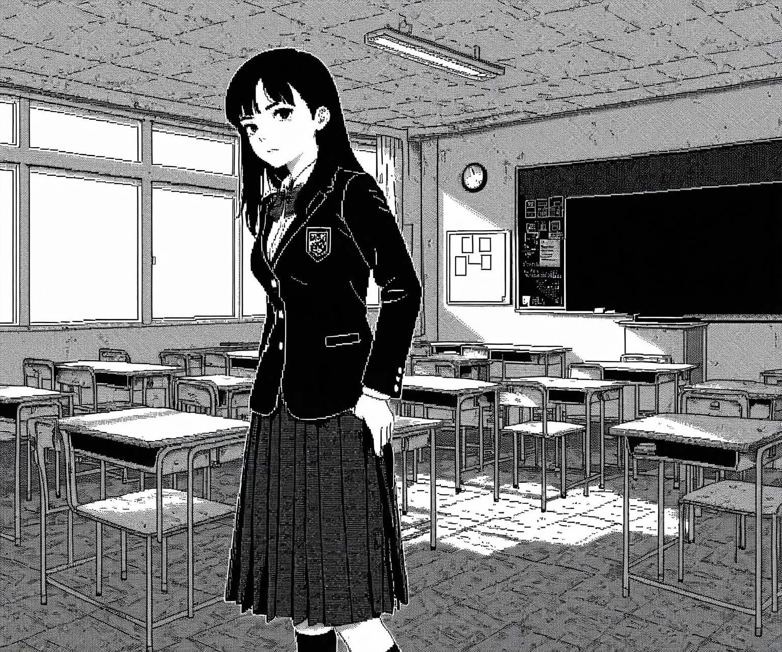 masterpiece, best quality, amazing quality, 1girl, solo,  classroom, <lora:World of Horror style:1> WoH, pixel art, grayscale, monochrome