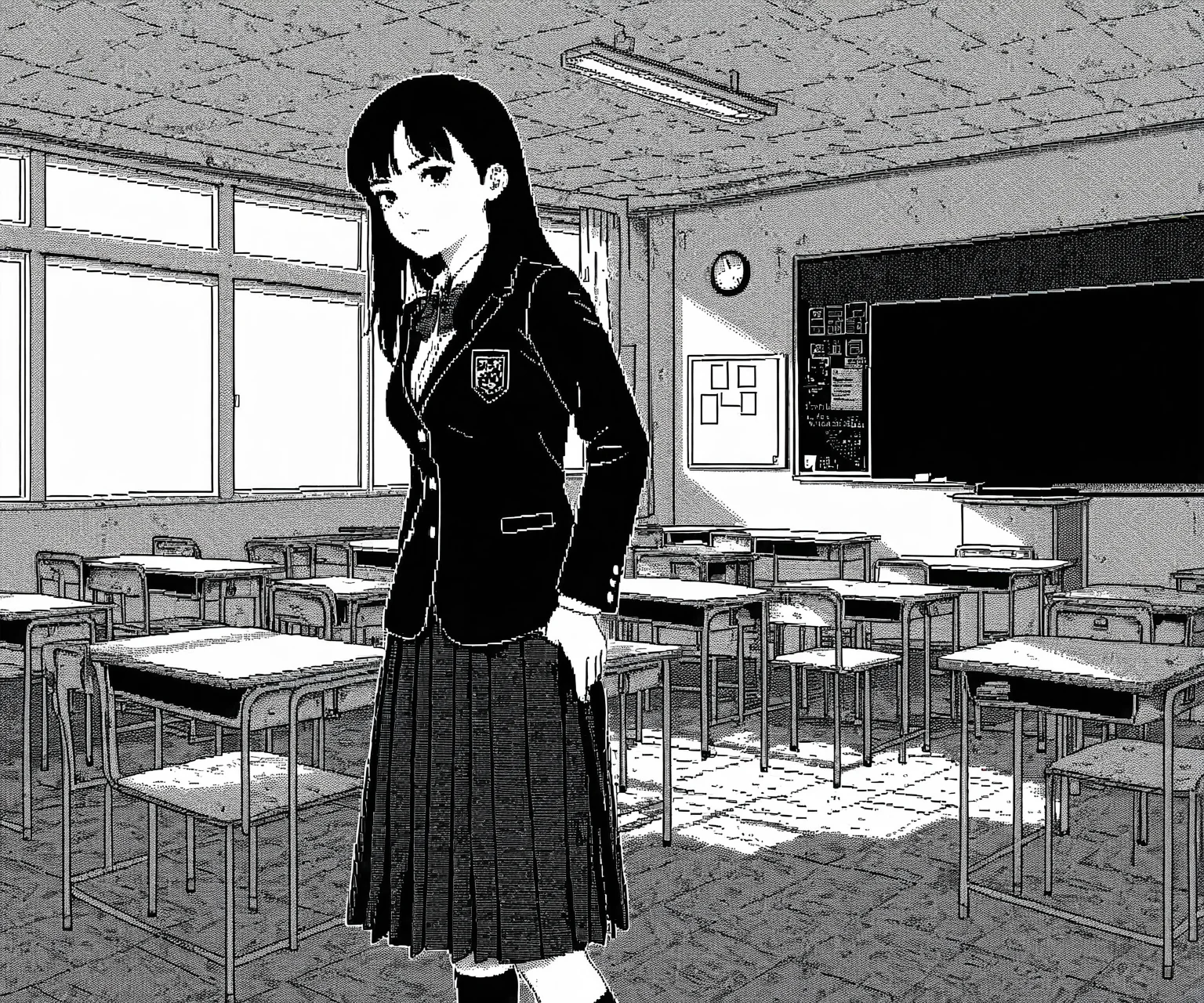 masterpiece, best quality, amazing quality, 1girl, solo,  classroom, <lora:World of Horror style:1> WoH, pixel art, grayscale, monochrome