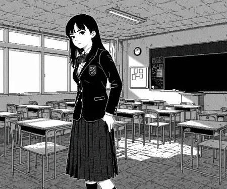 masterpiece, best quality, amazing quality, 1girl, solo, classroom, <lora:World of Horror style:1> WoH, pixel art, grayscale, monochrome
