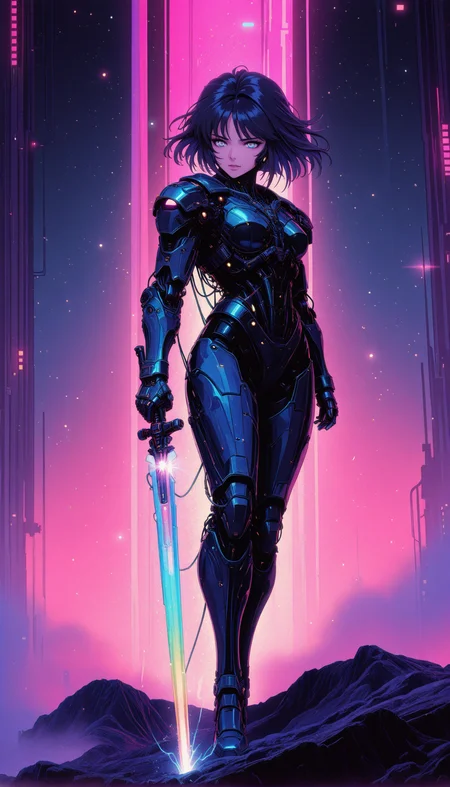 1girl, cybernetic warrior, transparent armor with shifting rainbow hues, wielding energy sword, holographic battlefield, shimmering particles, glowing circuitry, cyberpunk ambiance masterpiece, best quality, amazing quality, very aesthetic, absurdres, detailed eyes, newest, <lora:PinkieRetroCybercoreIL:1>, pinkretrocybercore, retro, <lora:ck-neon-retrowave-IL-000012:0.8>, in the style of ck-rw,