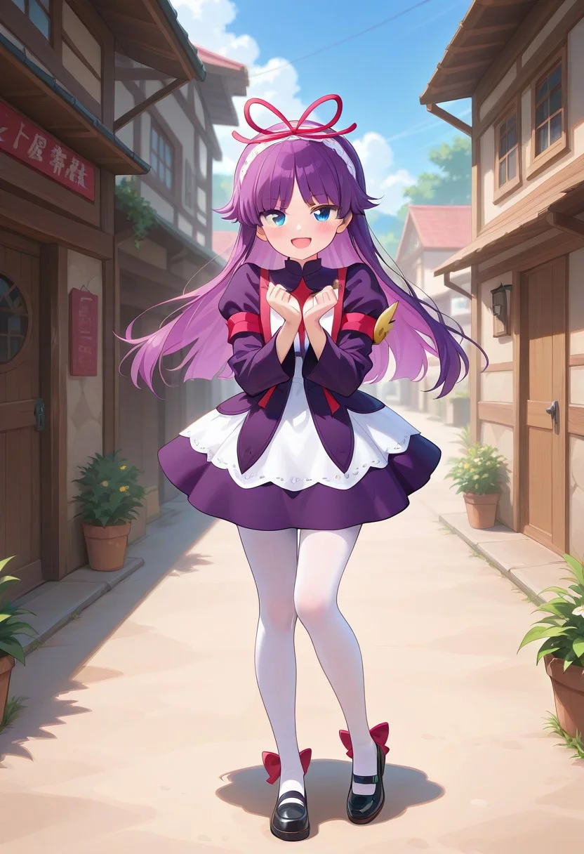 <lora:PFeli_SDXL_Illustrious01_fp16_ver01:1>,PFeli, 1girl, long hair,purple hair, white pantyhose, dress,red ribbon, blue eyes, black footwear, long sleeves, red bow, hairband, cute pose, smile, open mouth, standing, village, look at viewer, lovely, cute, adorable, newest, masterpiece, best quality, very aesthetic, absurdres,<lora:detailed_hands:1>,hand