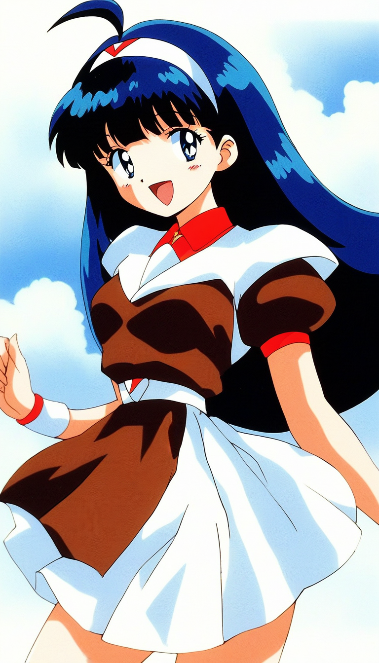 score_9, score_8_up, score_7_up, source_anime, rating_explicit, BREAK <lora:Tsurugino_Hikari_XL:1>Tsurugino_Hikari, long hair, blue hair, 1990s (style), hairband, blue eyes, bangs, ahoge, small breasts,
1girl, solo, brown hat, retro artstyle, skirt, open mouth, School uniform, smile, 
wristband, looking at viewer,  puffy sleeves, short sleeves, bow, 
brown dress, :d
dauy, sky, outdoor.