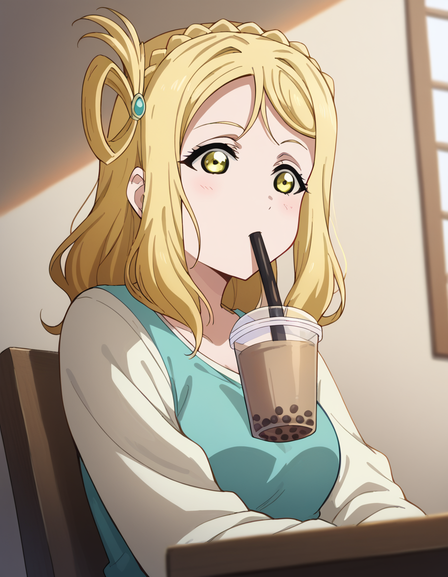 score_9, score_8_up, score_7_up, source_anime, <lora:mari-ohara-s2-ponyxl-lora-nochekaiser:1>, mari ohara, long hair, bangs, blonde hair, hair ornament, yellow eyes, braid, medium hair, hair rings, crown braid,, <lora:bubble-tea-challenge-ponyxl-lora-nochekaiser:1>, bubble tea challenge, bubble tea, object on breast, drinking straw, drinking straw in mouth, drinking, cup,, indoors, sitting, looking down, , cowboy shot, dutch angle