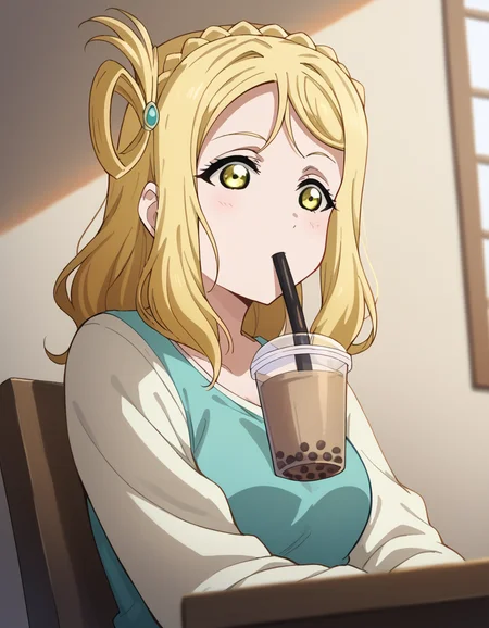 score_9, score_8_up, score_7_up, source_anime, <lora:mari-ohara-s2-ponyxl-lora-nochekaiser:1>, mari ohara, long hair, bangs, blonde hair, hair ornament, yellow eyes, braid, medium hair, hair rings, crown braid,, <lora:bubble-tea-challenge-ponyxl-lora-nochekaiser:1>, bubble tea challenge, bubble tea, object on breast, drinking straw, drinking straw in mouth, drinking, cup,, indoors, sitting, looking down, , cowboy shot, dutch angle