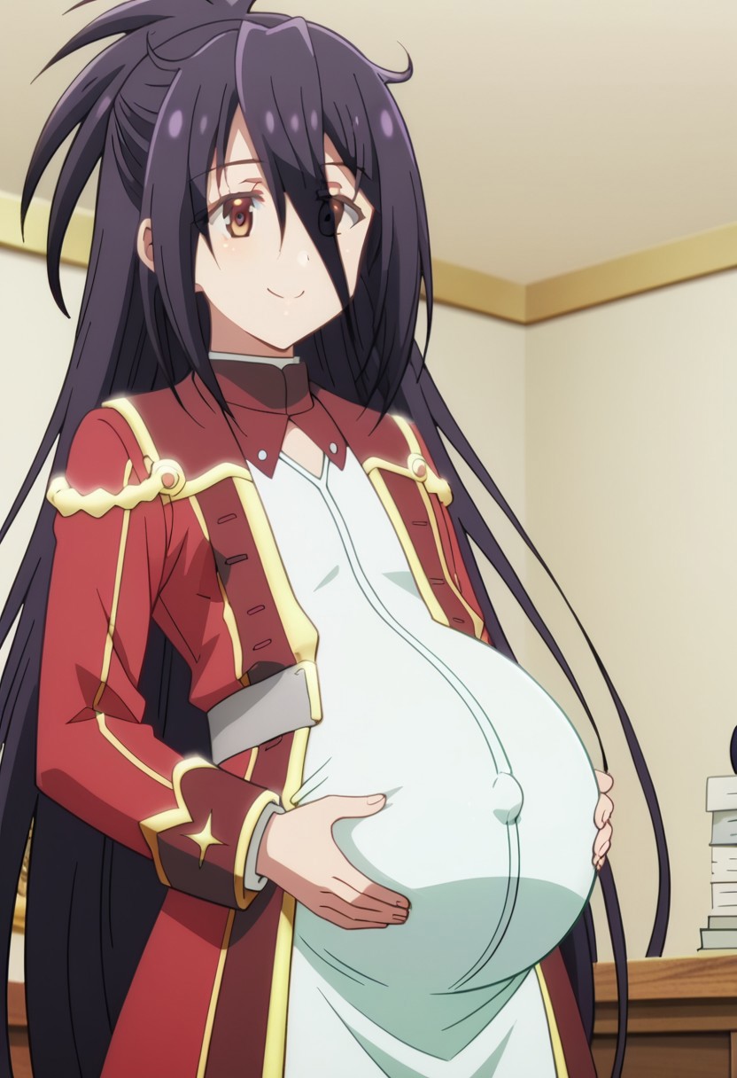 best quality, masterpiece, 4k, perfect lighting, very aesthetic, anime, anime coloring, official art, anime screencap, bedroom, happy, smile, hands on belly,
(large pregnant belly:1.5)
ZeshiaKanon, military uniform,
(covered belly:1.5), (pregnancy clothes:1.5)