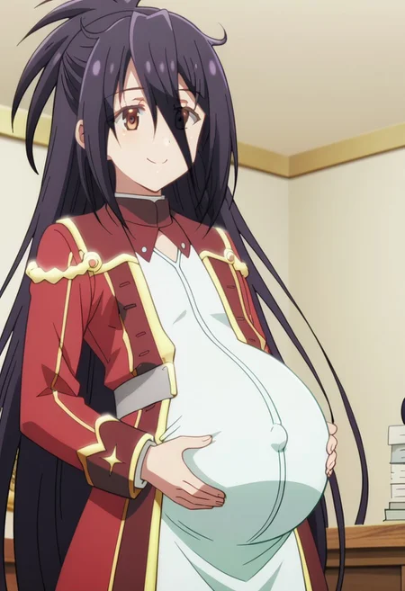 best quality, masterpiece, 4k, perfect lighting, very aesthetic, anime, anime coloring, official art, anime screencap, bedroom, happy, smile, hands on belly,
(large pregnant belly:1.5)
ZeshiaKanon, military uniform,
(covered belly:1.5), (pregnancy clothes:1.5)