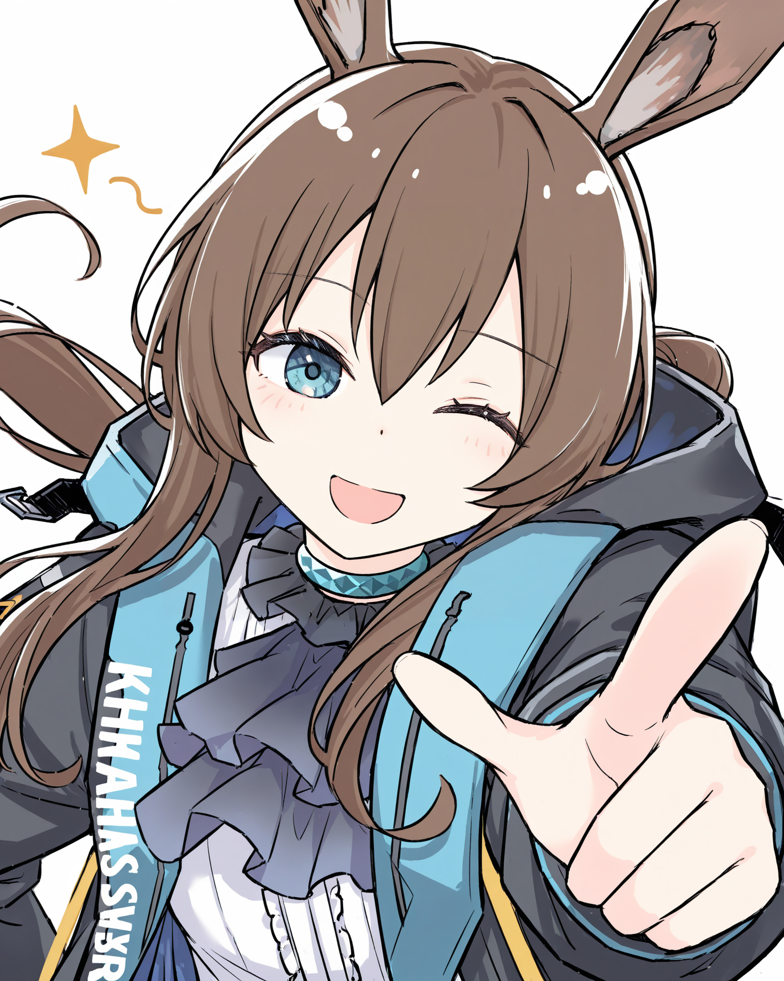 (1girl:0.6),solo,front view,
amiya \(arknights\),
pointing at viewer,one eye closed,:d
white background,
best quality,high quality,highres,huaxiao style,
<lora:huaxiao_ill01:1>,