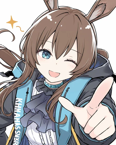 (1girl:0.6),solo,front view,
amiya \(arknights\),
pointing at viewer,one eye closed,:d
white background,
best quality,high quality,highres,huaxiao style,
<lora:huaxiao_ill01:1>,