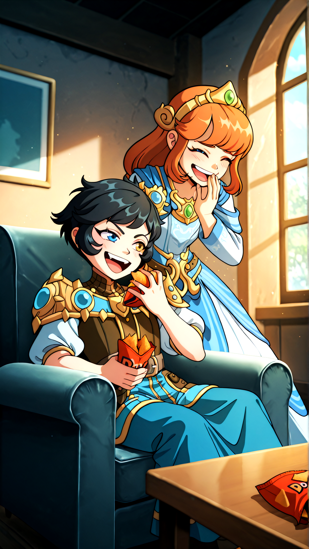 anime artwork best quality, amazing quality, absurd res, best resolution, very aesthetic, 4k, latest, (Detailed face: 1.8), (detailed background:1.1) ,
 <lora:Scylla_Charybdis_Smite_for_Illustrious:1> 2girls, scylla, blue eyes, scylla_headwear, scylla_dress, orange hair, long hair, charybdis, charybdis_outfit, black hair, short hair, heterochromia, charybdis_tiara, charybdis_armor, 
sitting in chair, playing, laughing, holding bag of Doritos, table, 
sittin on couch, duo, living room, window, . anime style,  vibrant, studio anime,  highly detailed