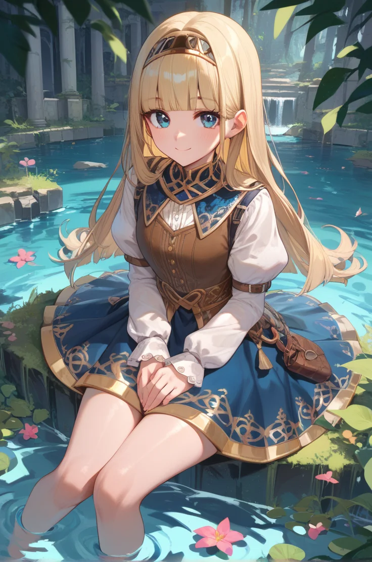 score_9, score_8_up, score_7_up, source_anime,
forest, ruins,
cowboy shot, smile,
sitting, feets, feets in water, looking up, looking at viewer, from above,
<lora:aliciavp2_autismConfetti_v01:0.9>aliciaVP2, blonde hair, long hair, blunt bangs, hairband, brown vest, puffy sleeves, long sleeves, waist cape, blue eyes, two toned skirt, blue skirt,, zPDXL