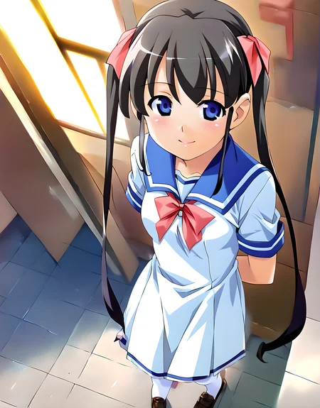 <lora:pony_xl_hikari:0.9>,hikari,1girl,solo,score_9,score_8_up,score_7_up,source_anime,best quality,masterpiece,super fine illustration,black hair,school uniform,dress,white dress,pleated skirt,white_thighhighs,loafers,smile,looking_at_viewer,from_above,full_shot,standing,arms_behind_back,