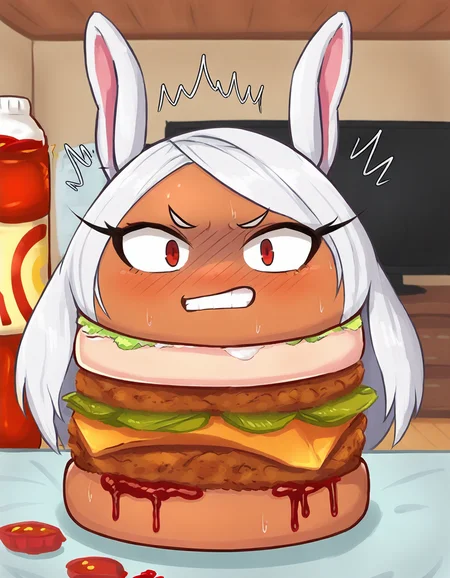best quality, masterpiece, absurdres, detailed background, centered, centered, view, 1girl, i forest,inside, living room,
<lora:burgertf:1.3>, burger_tf, burger, dripping, cheesese, food, no head, no arms, no legs, ketchup
<lora:Mirko Illu:0.8>, m1rko, dark-skinned female, rabbit girl, white hair, long eyelashes, parted bangs, red eyes, angry, clenched teeth,