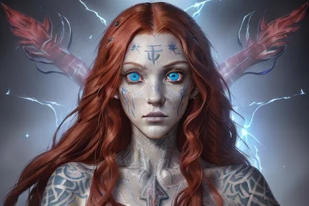 bright red hair, human female, (feminine:1.7), (beautiful face, detailed face:1.6), (beautiful eyes, detailed eyes:1.7), (looking at viewer, eye contact, intense:1.6), (long hair, red hair, curly hair:1.3), , ((masterpiece, best quality, high resolution, realistic, best quality,)), photo realistic, Perfect Face, (detailed face). <lora:GoodHands-vanilla:0.6> <lora:add-detail-xl:0.8>, mage, (Dress White military uniform coat), dagger, rune dagger, glowing runes, , (((glowing magic symbols tattoos, religious tattoos))), ((face tattoos)), glowing tattoos, stone tower in the background