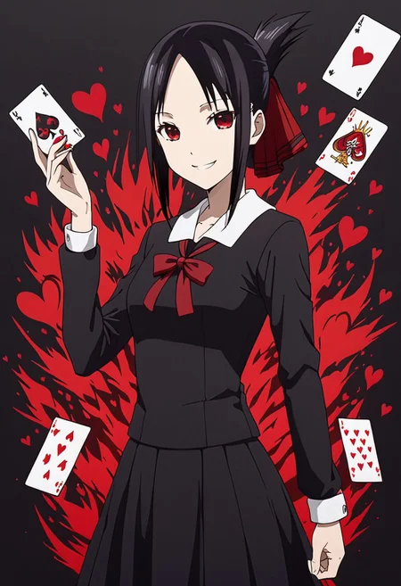 kaguya, bangs, black hair, red eyes, sidelocks, shinomiya kaguya, folded ponytail, parted bangs, hair ribbon, ribbon, red ribbon, dress, black dress, school uniform, shuuchiin academy school uniform, best quality, masterpiece, original, extremely detailed wallpaper, mystical fog, (looking at viewer), 1girl, solo, poker card, red hearts, FFCB, Anime, Simple Anime, (hearts on background, card on hand, black background, smile, red aura), dominant pose