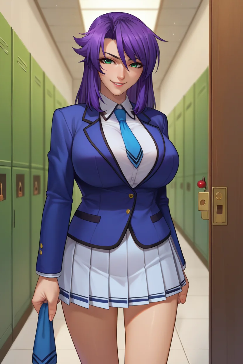 score_9, score_8_up, score_7_up, score_6_up, source_anime, BREAK 1girl, solo, <lora:lieribishop-pdxl-nvwls-v1-000005:0.8> pbLieri, purple hair, large breasts, blue blazer, necktie, pleated skirt, hallway, looking at you, smile, lockers