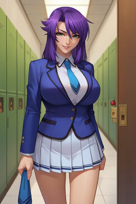 score_9, score_8_up, score_7_up, score_6_up, source_anime, BREAK 1girl, solo, <lora:lieribishop-pdxl-nvwls-v1-000005:0.8> pbLieri, purple hair, large breasts, blue blazer, necktie, pleated skirt, hallway, looking at you, smile, lockers