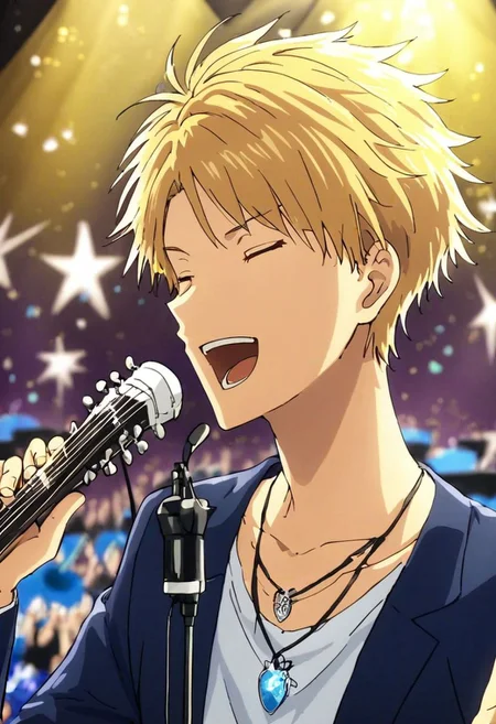 high resolution, solo, best quality, 1Boy, Yamato Ishida, Blond Hair, Necklace, singing, portrait, dept of field, virtual concert, playing musical instrument, OverallDetail