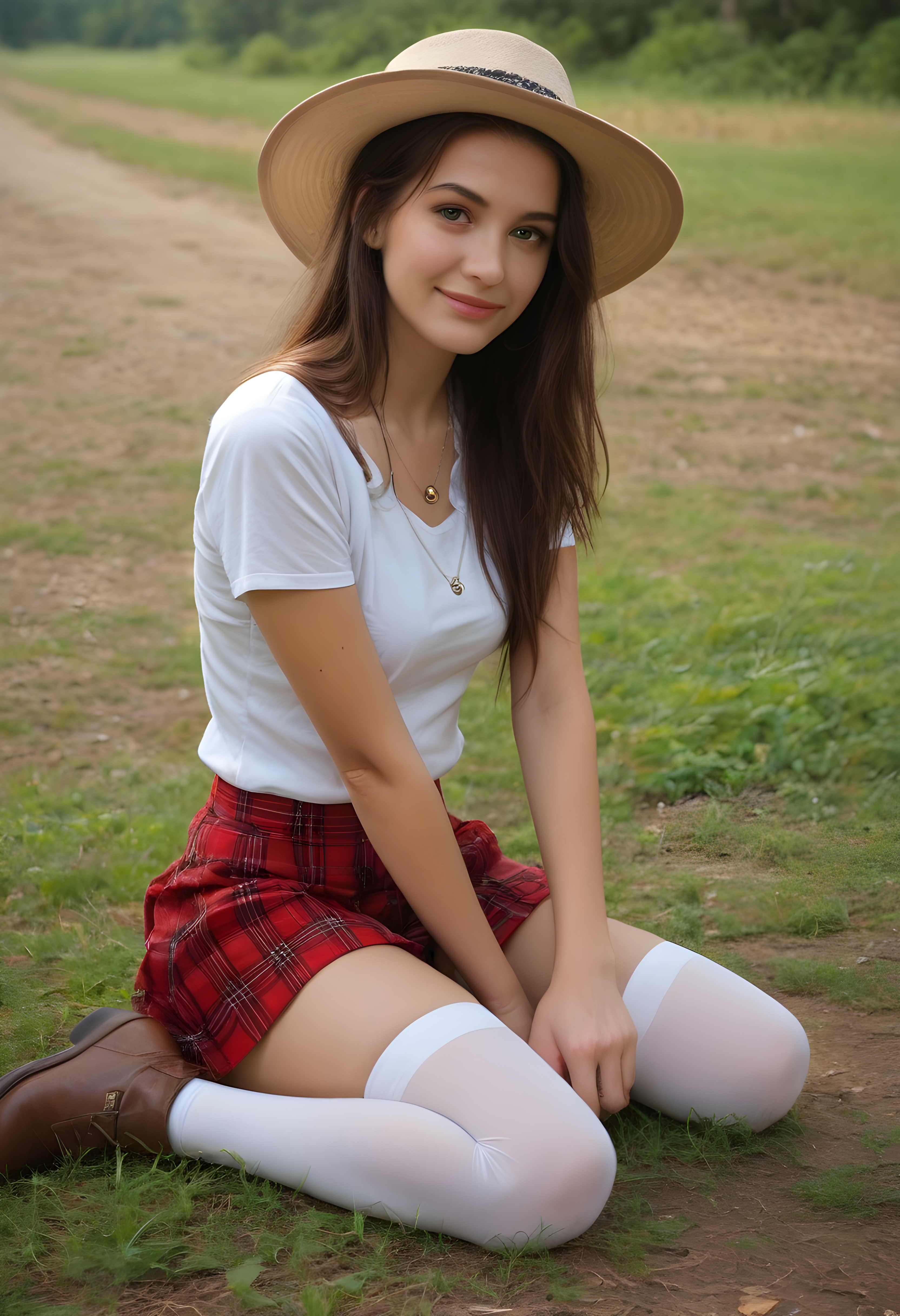 score_9, score_8_up, score_7_up, BREAK, The image shows a woman sitting on the ground with a smile on her face, surrounded by lush green grass and a road in the background. realistic, 1girl, solo, long hair, skirt, brown hair, shirt, thighhighs, hat, jewelry, sitting, full body, white shirt, short sleeves, outdoors, necklace, white thighhighs, head tilt, plaid, arm support, plaid skirt, brown footwear,  photo, real hair, detailed skin, highly detailed, detailed skin, film grain, <lora:zy_AmateurStyle_v2:0.45>