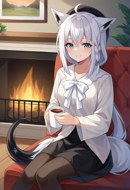 score_9, score_6_up, source_anime BREAK 1girl, solo, indoors, cozy, fireplace, sitting, holding cup, fubuki_casual, white shirt, white bow, beret, black skirt, black pantyhose, white hair, single side braid, ahoge, piercing, fox tail, light smile <lora:shirakami_fubuki_sdxl_pony-4-000009:1>