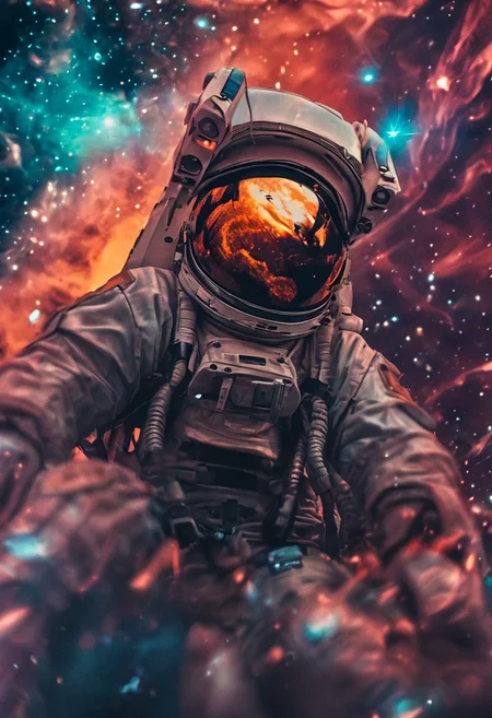 novuschroma60 style bokeh,
A determined astronaut in a sleek spacesuit floats near a massive space station orbiting a colorful nebula. Starry background, futuristic technology, helmet reflection, extreme close-up, portrait.