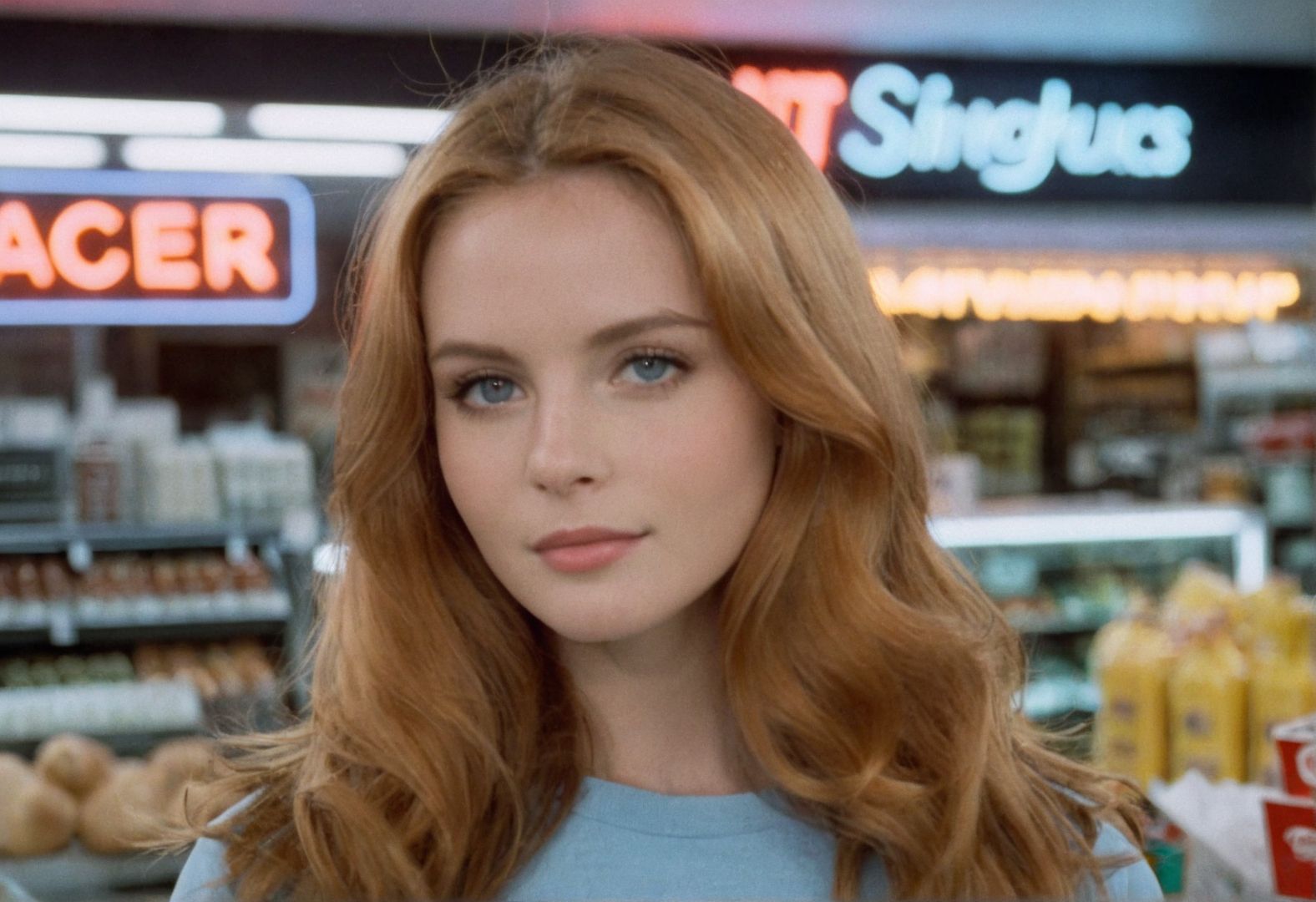 ((CinematicPortrait analog photo)) ginger  woman outdoors, blue eyes, (nighttime shop neon sign), ((soft focus, depth of field, film grain, looking at viewer)) <lora:CinematicPortraitXL_v3:0.65>