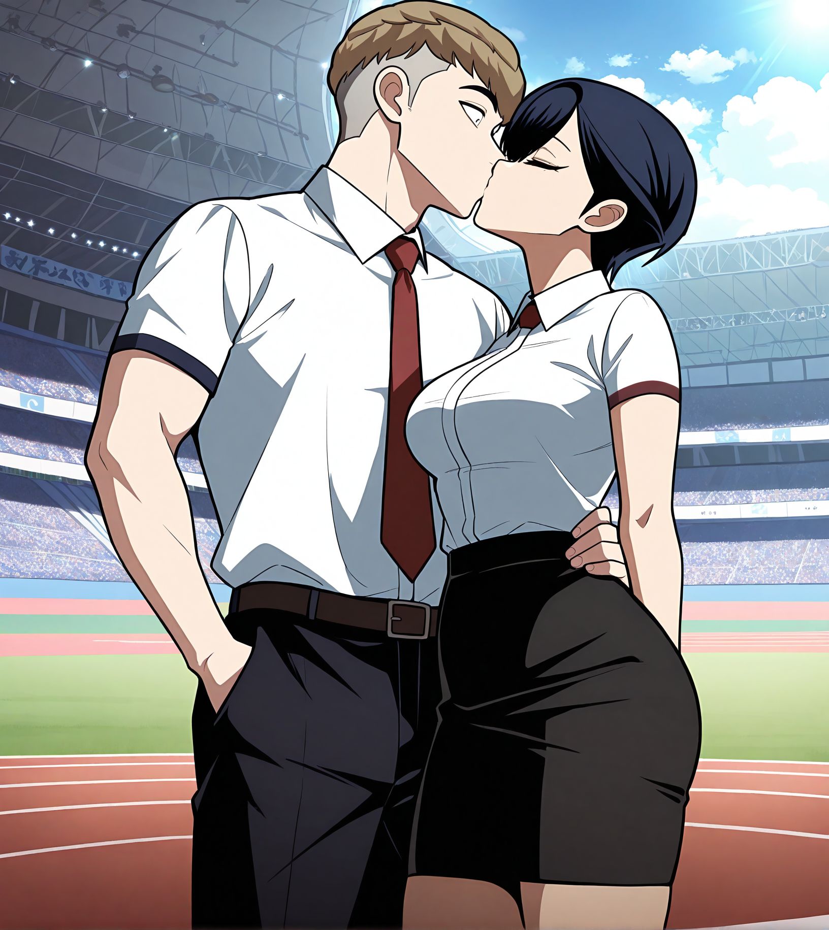 masterpiece,best quality,anime coloring,anime screenshot,
<lora:add-detail-xl:0.5>
1girl,1boy, kiss, 
<lora:Plaything:1>PlaythingV1,
necktie, ,
shirt,short hair,
bangs,white shirt,
red necktie,pencil skirt,
collared shirt,skirt,
p_crazywoman,stadium,outdoors, 
mature female, 20YO,
adult couple,
son_brother,undercut,black pupil,
textured top, dot pupil, black pants,
two-block undercut ,