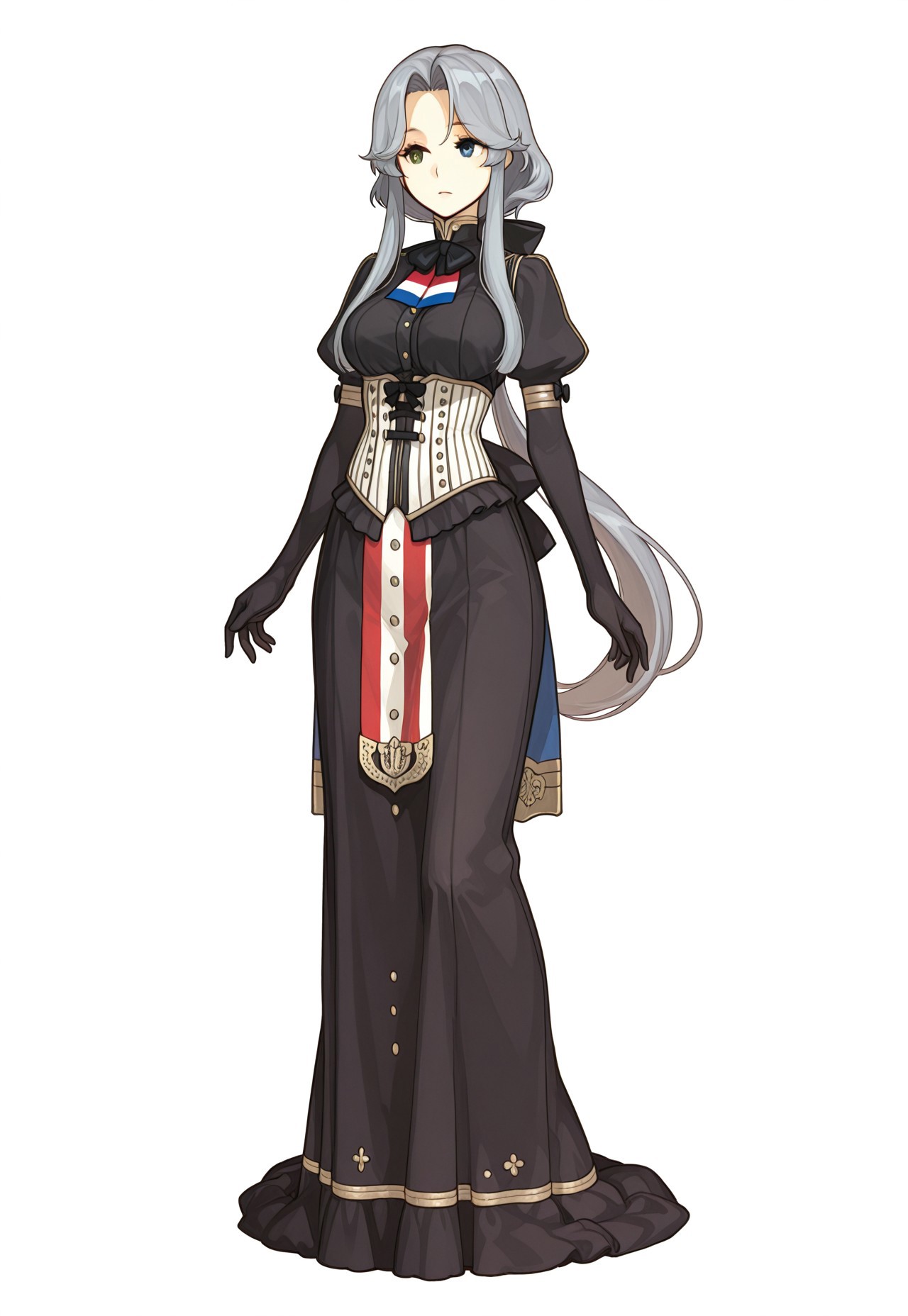 masterpiece, best quality, very aesthetic, absurdres, 
full body, 1girl, solo, white_background, 
robespierre, eiyuu senki, mature female, heterochromia, green eyes, blue eyes, grey hair, very long hair, parted bangs, sidelocks, low ponytail, medium breasts, 
black bowtie, high collar, black shirt, studs, dress bow, black bow, juliet sleeves, \(vertical-striped corset, french flag print\), elbow gloves, black gloves, black skirt, long skirt, 
FE-Sh4d0ws