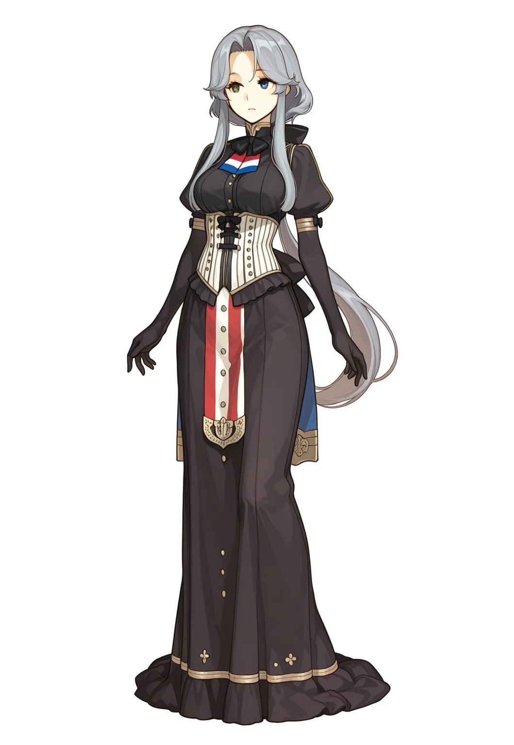 masterpiece, best quality, very aesthetic, absurdres,
full body, 1girl, solo, white_background,
robespierre, eiyuu senki, mature female, heterochromia, green eyes, blue eyes, grey hair, very long hair, parted bangs, sidelocks, low ponytail, medium breasts,
black bowtie, high collar, black shirt, studs, dress bow, black bow, juliet sleeves, \(vertical-striped corset, french flag print\), elbow gloves, black gloves, black skirt, long skirt,
FE-Sh4d0ws
