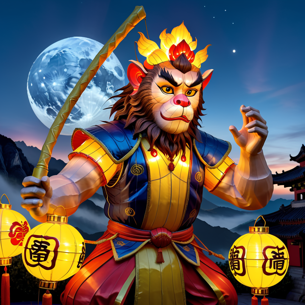 Create an image in a photorealistic style featuring Sun Wukong, the Monkey King, intricately composed entirely of lanterns. The lanterns should vary in size and color, intricately detailed to capture Sun Wukong's iconic features, including his mischievous expression, the distinctive headband, and his traditional warrior's attire. The arrangement of lanterns should mimic his dynamic pose, perhaps caught in a moment of leaping action or wielding his legendary staff, against a backdrop of a mystical night sky subtly illuminated by the glow of the lanterns, <lora:lightflower3:0.85>