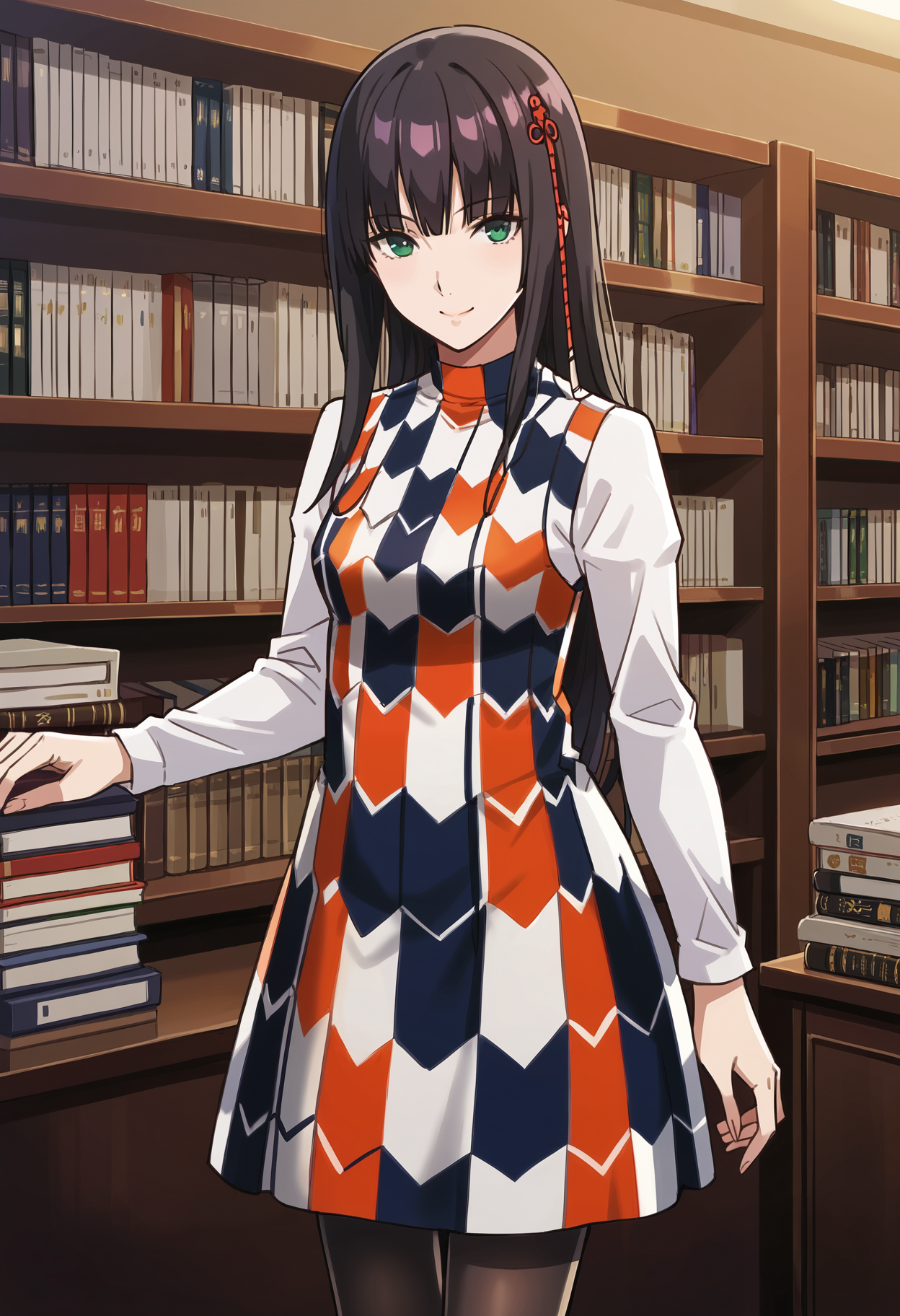 1 girl, solo, cute face,
defHifumi, p5hifumi, black hair, bangs, green eyes, long hair, hair ornament,
p5hifumi-dress, dress, checkered dress, black pantyhose, long sleeves,
bookstore, standing, looking at viewer, smiling,
masterpiece, best quality, ultra detailed,