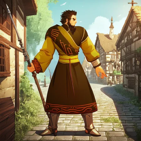 Score_7_up, score_8_up, full body, solo male, Nader, thick eyebrows, facial hair, yellow eyes, scars, robes, holding weapon, polearm, looking to side, serious expression, closed mouth, outdoors, medieval village setting, town square, detailed background,