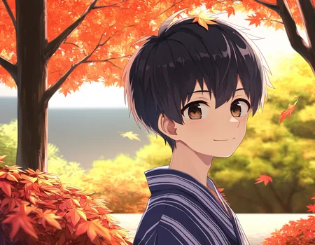 best quality, good quality, koemixpi-style, outdoors, spring, trees, autumn leaves, from side, upper body, 1boy, solo, black hair, brown eyes, japanese clothes, yukata, smile, looking at viewer <lora:koe-mixpi_naiXL_v3b_ShoAI:1>
