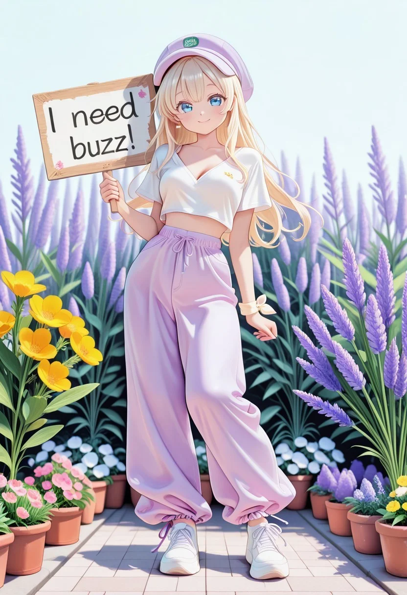 woman, age_21, light gold hair, blue eyes, medium breast, short, slim, very slim waist, white tee, deep v-neck tee, lcrop top, lavender colour pants, baggy pants, ankle tied pants, white shoes,
flirty ,standing, smile, kawaii, looking at viewer,
Contrapposto, holding sign, need_buzz, hat with flowers,
Full body, frontal view, face close-up,
flower garden, a lot of flowers,
pastel_pink, pastel_blue, pastel_mint, pastel_lavender, pastel_yellow, soft_colors, kawaii,
