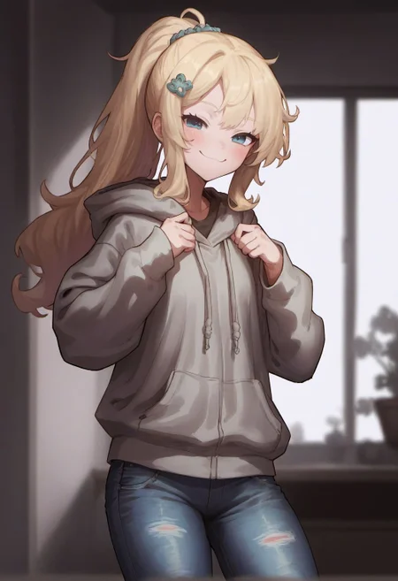 score_9, score_8_up, score_7_up, score_6_up, ekrea jan style,
1girl, solo, long hair, looking at viewer, smile, hair ornament, long sleeves, closed mouth, blue eyes, standing, ponytail, hairclip, indoors, hood, blonde hair, hoodie, hood down, smug, grey hoodie, jeans,
<lora:ekrea_jan_style_v1:0.8>,
<lora:fix_hands:1.5>,