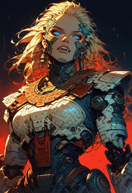 score_9,score_8_up,score_7_up, solo, 1 girl, Ellie Buckingham, blue eyes, bright blue eyes, bright blond hair, white armour,neon background, glowing, glowing blue eyes, , red ornaments, fangs,robot, aztec, mecha, aztec god, aztec outfit, cyberpunk outfit, soldier, heavy weaponized, aztec warrior, aztec tatoos, aztec warpaint, macuahuitl, science fiction, cyborg, mechanical parts, humanoid robot, bulky, sinozick style, flat color, dark theme, cowboy shot, Expressiveh
1 girl, outside, cowboy shot, waist high view