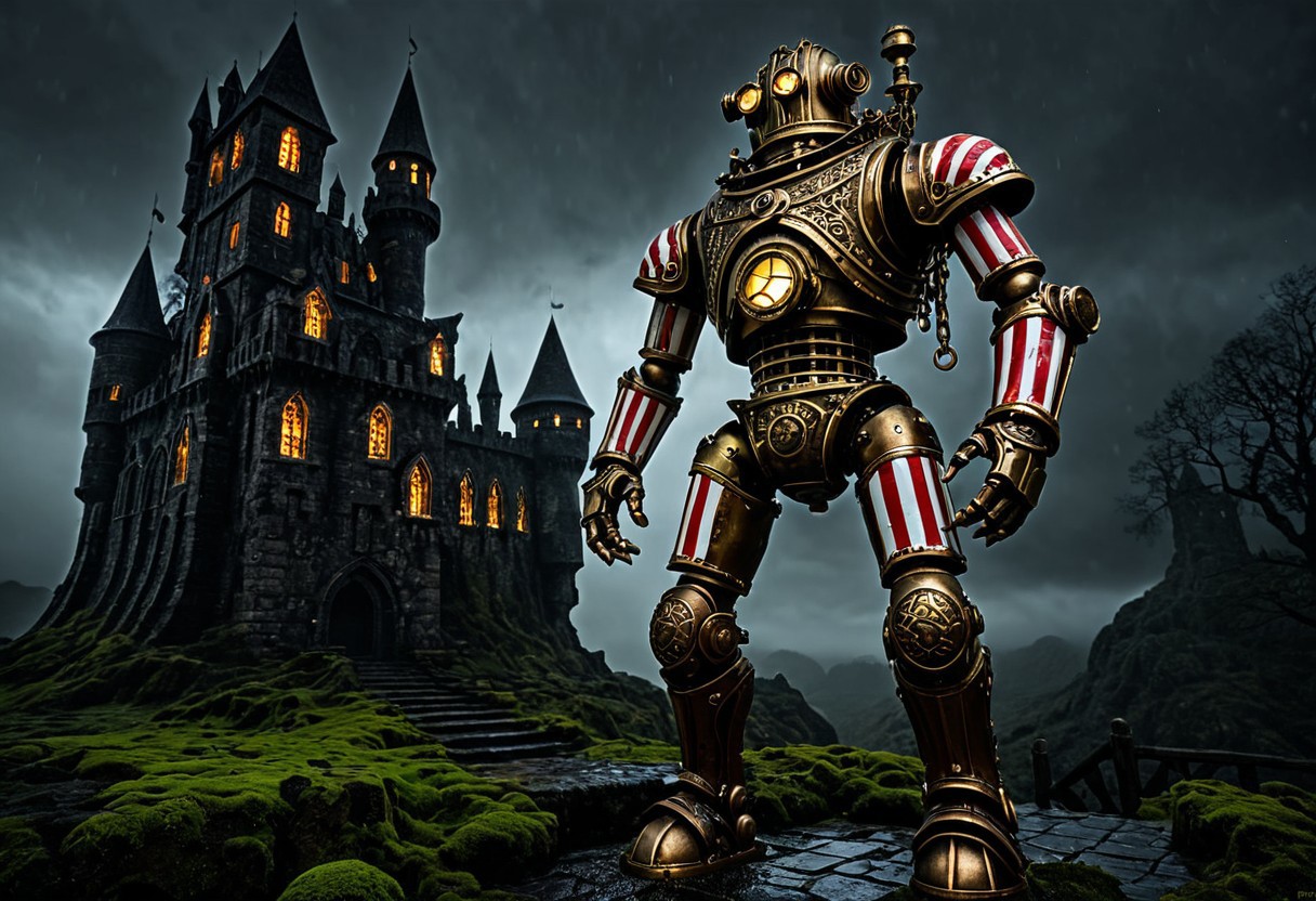 giant bipedal robot brass and dirty red/white candy striped paint, bronze paisley robot. lacy robot metal. diving helmet torso head. outside of a steampunk keep. large detailed torso. dark image. one forty foot tall ancient robot with great arms and two heavy spring legs. dark foggy night background. $dark foggy night image only. dark photo realistic image. steampunk details. cogs, chains and pipes incorporated in the fantasy buildings. magic wizards tower in background. Dark swamp, moss, castle ruins, wizards tower. stormy dark night. stormy sky. rain.