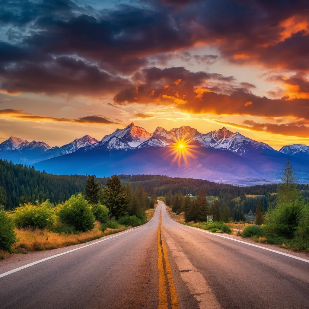 cinematic still, an epic sunset, street view of a mountain range, nature, vibrant, realistic, professional photograph, 8k, scenery, 2598507204